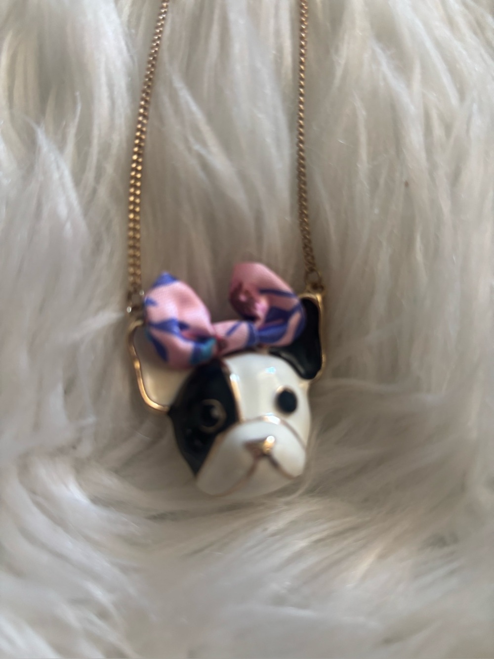 Betsey Johnson Black & White French Bulldog Necklace with Pink Bow